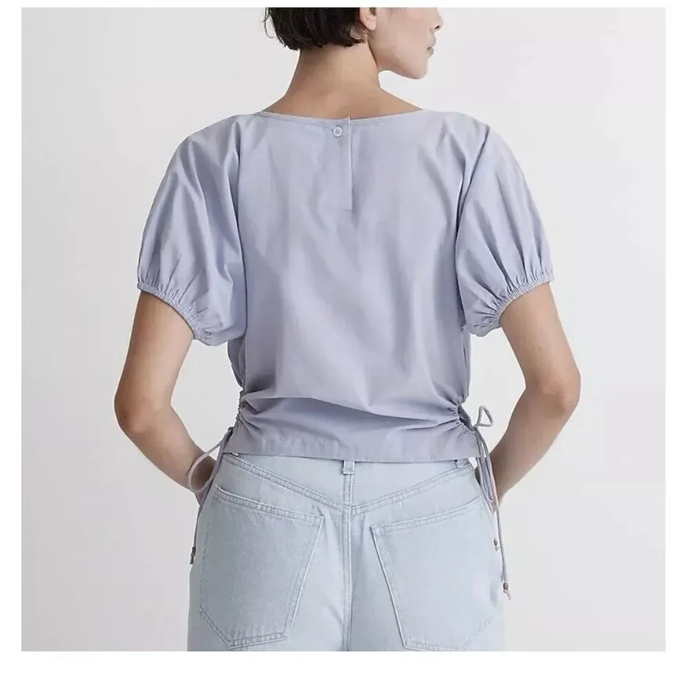 Madewell Cutout Drawstring Keyhole Poplin Puff Sleeve Crop Top Periwinkle Small